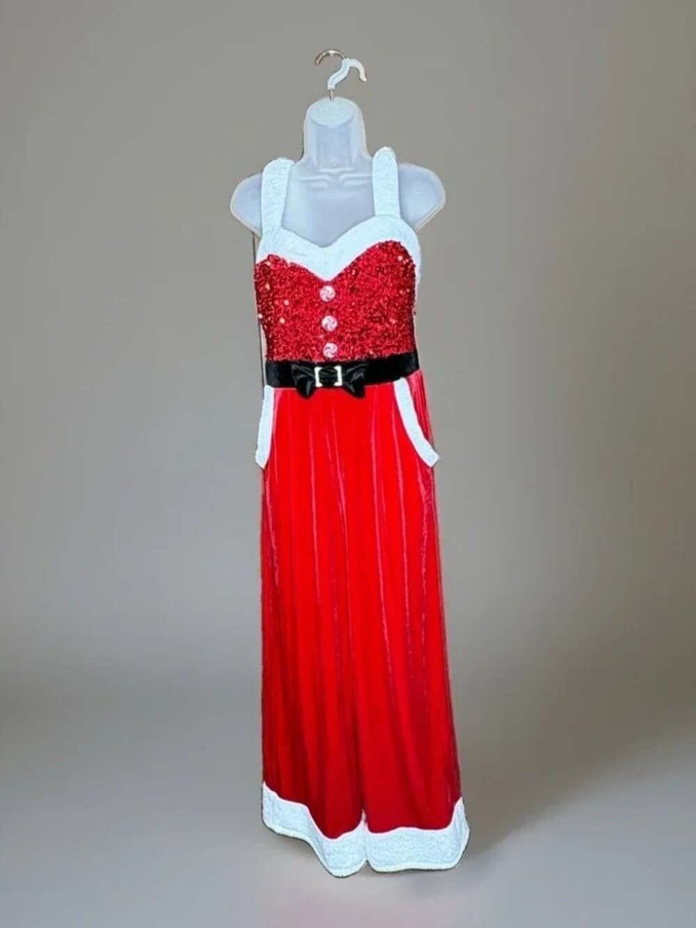 Christmas Santa Jumpsuit Womens M 7-9 Red Sequin Velvet Faux Fur Holiday Costume